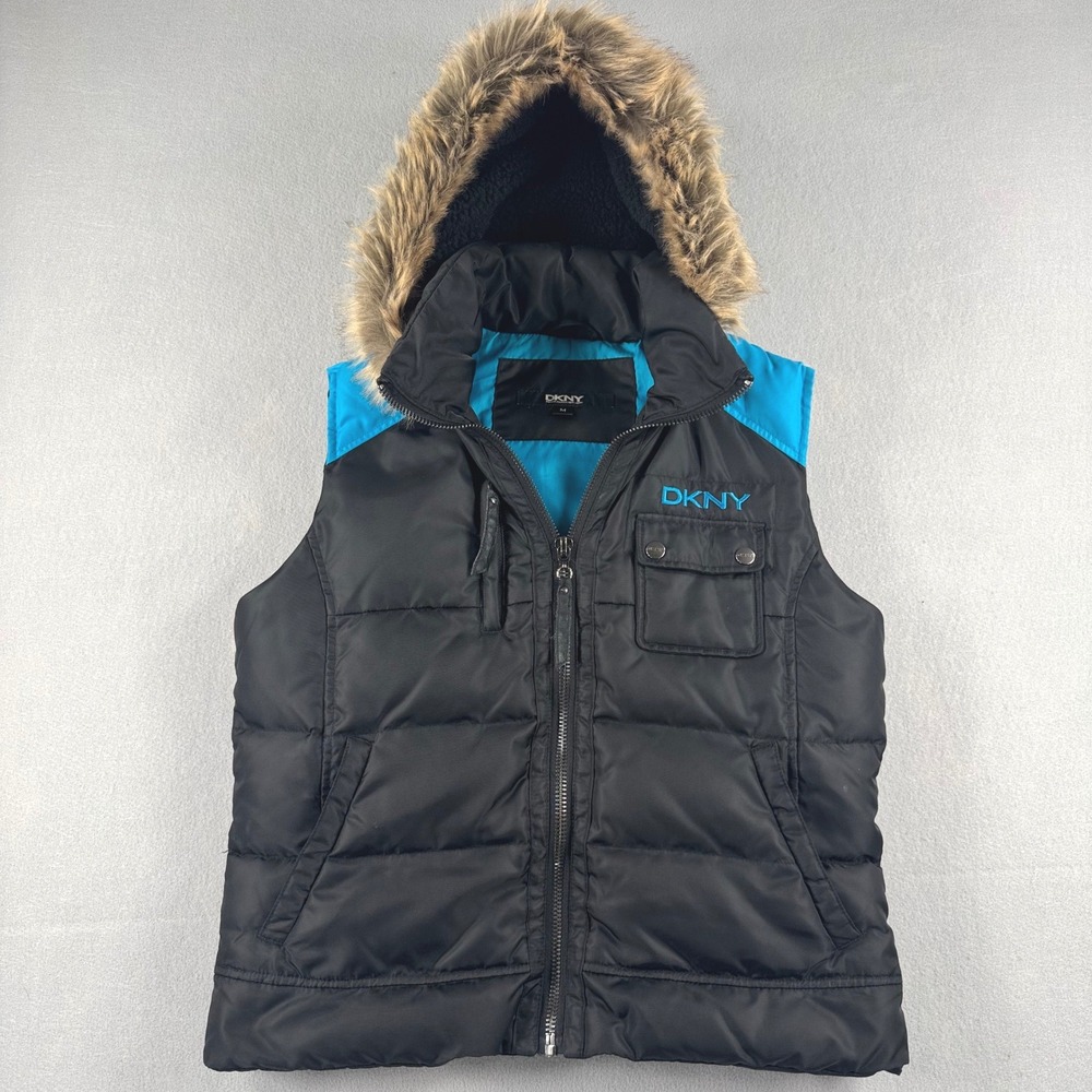 Vintage Y2K DKNY Puffer Vest Black Blue Down Fill Faux Fur Hood M